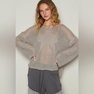 POL Taupe Gray Star Open Knit Sweater Size L